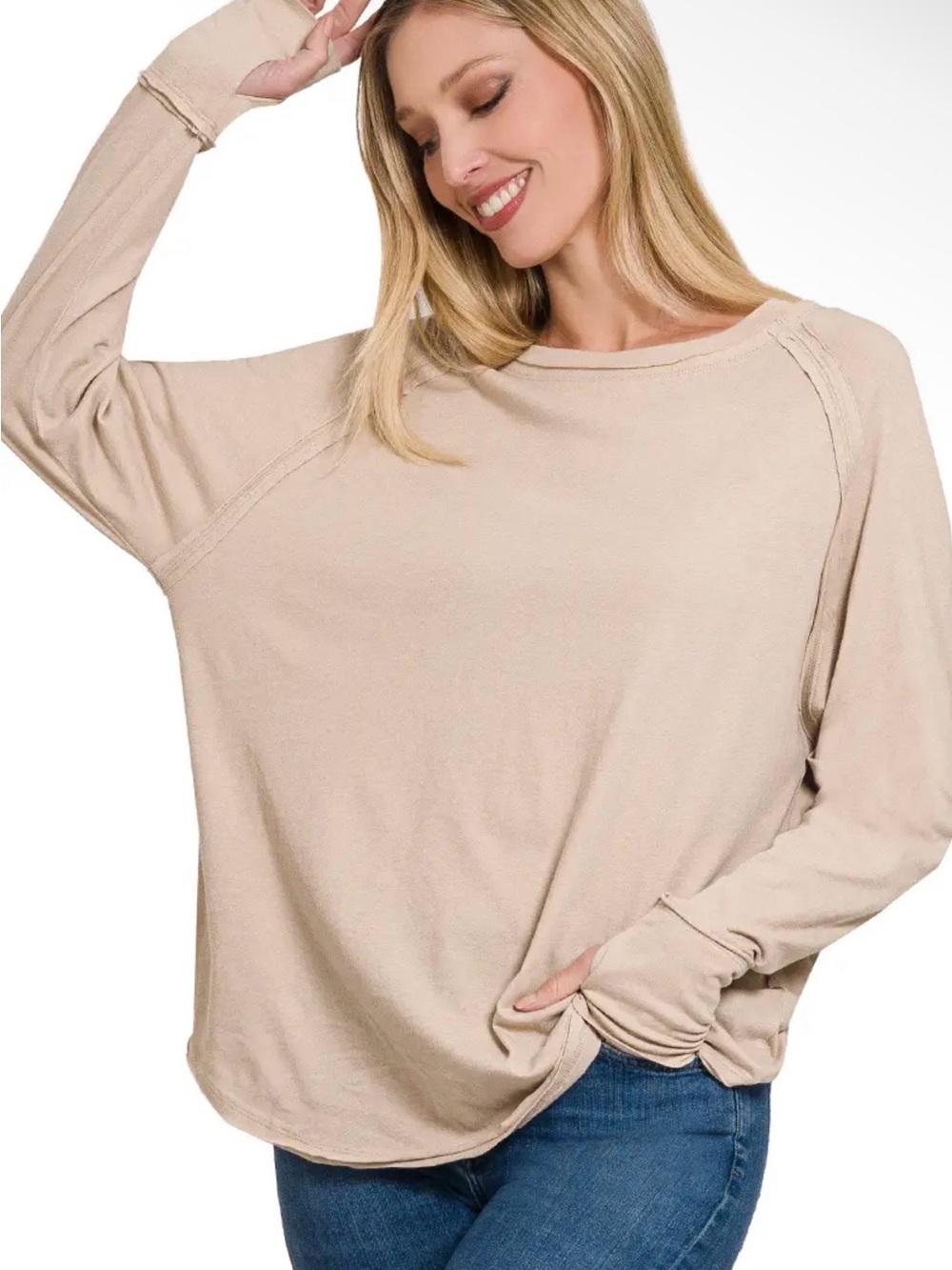 Zenana Relaxed Long-Sleeve Women's Top in Beige
